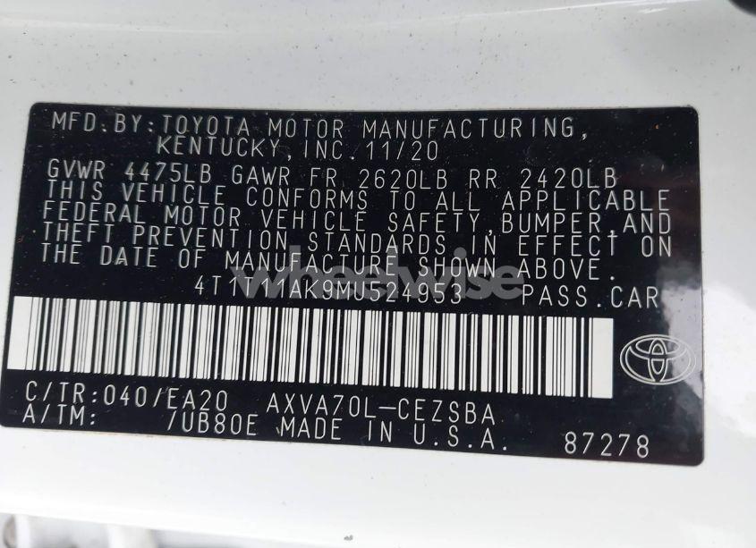 Photo 9 of 2021 Toyota Camry SE (VIN 4T1T11AK9MU524953)