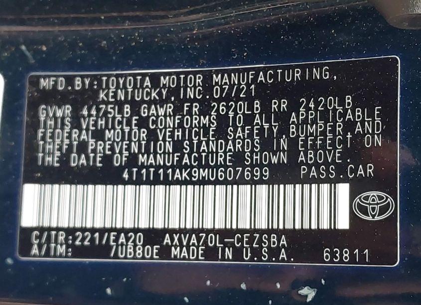 Photo 9 of 2021 Toyota Camry SE (VIN 4T1T11AK9MU607699)