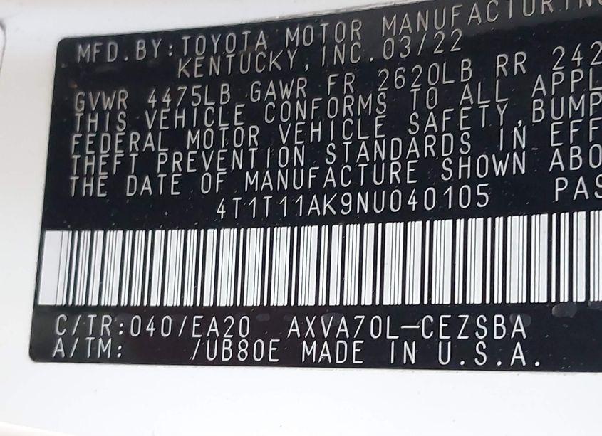 Photo 9 of 2022 Toyota Camry SE (VIN 4T1T11AK9NU040105)