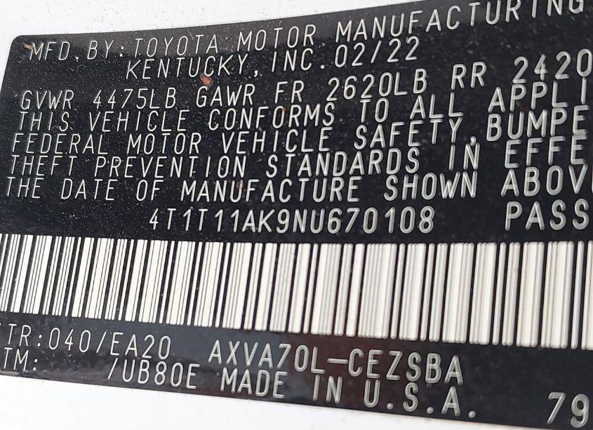 Photo 9 of 2022 Toyota Camry SE (VIN 4T1T11AK9NU670108)