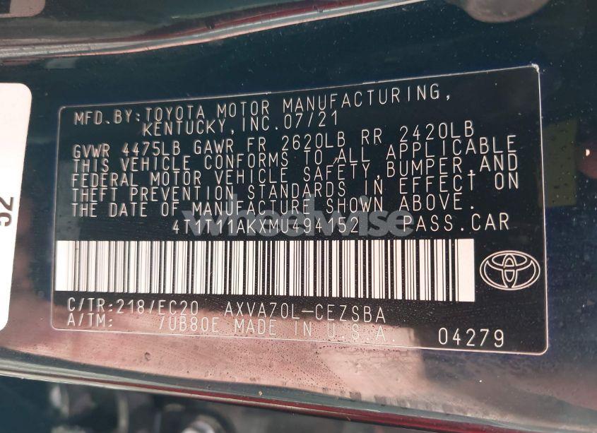 Photo 9 of 2021 Toyota Camry SE NIGHTSHADE EDITION (VIN 4T1T11AKXMU494152)