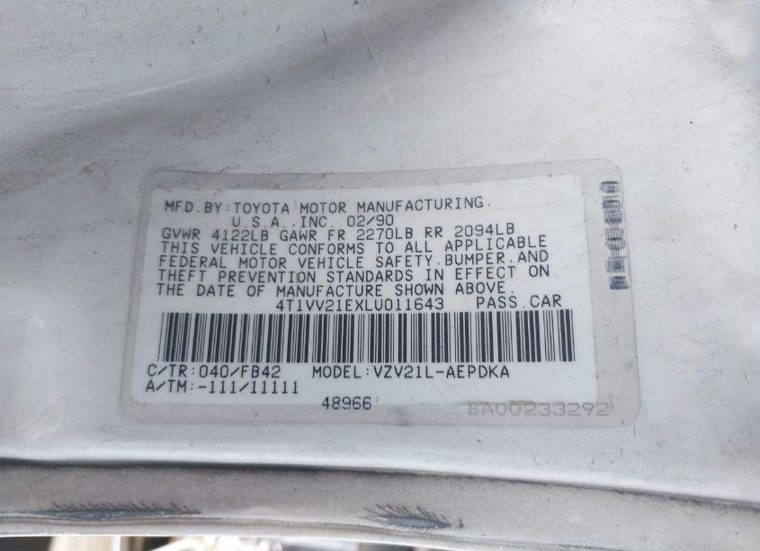 Photo 9 of 1990 Toyota Camry DLX (VIN 4T1VV21EXLU011643)