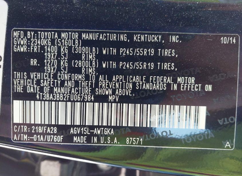 Photo 9 of 2015 Toyota Venza LE (VIN 4T3BA3BB2FU067984)