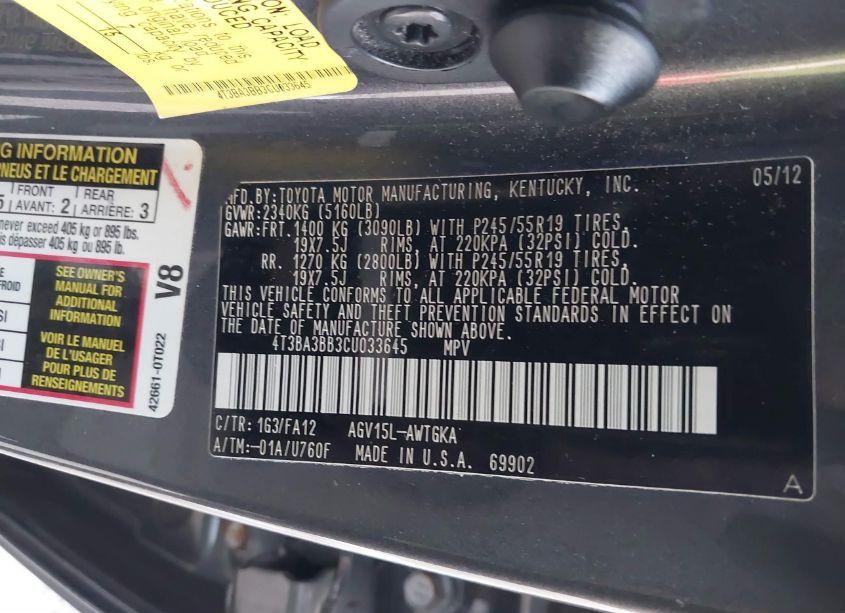 Photo 9 of 2012 Toyota Venza LE (VIN 4T3BA3BB3CU033645)