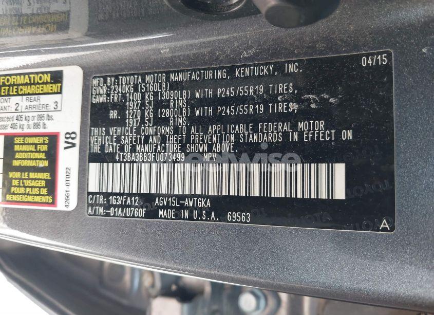 Photo 9 of 2015 Toyota Venza LE (VIN 4T3BA3BB3FU073499)