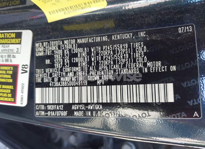 Photo 9 of 2013 Toyota Venza LE (VIN 4T3BA3BB5DU049119)