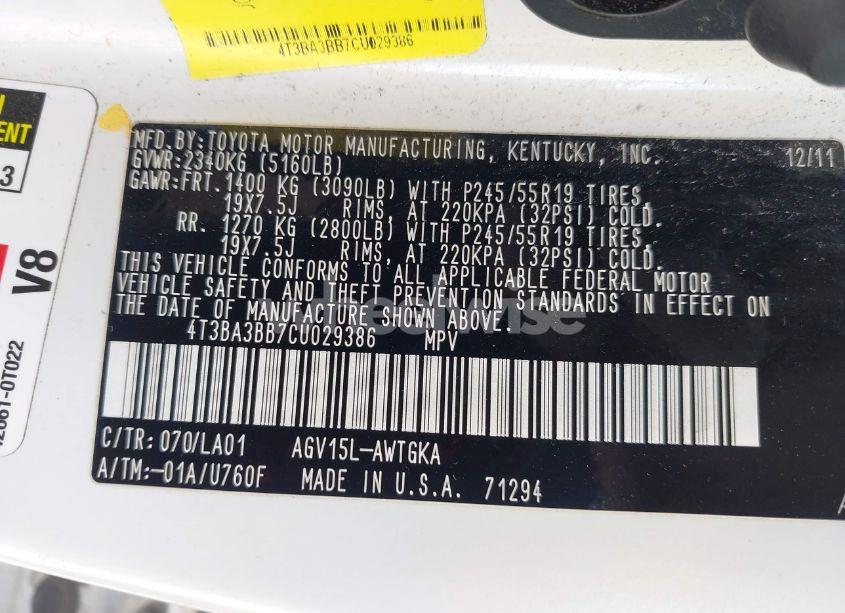 Photo 9 of 2012 Toyota Venza XLE (VIN 4T3BA3BB7CU029386)