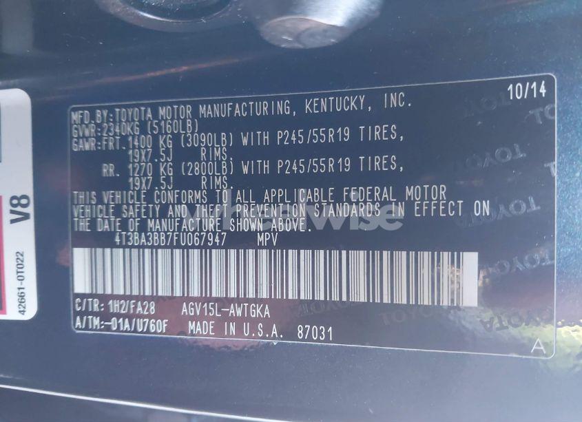 Photo 9 of 2015 Toyota Venza LE (VIN 4T3BA3BB7FU067947)