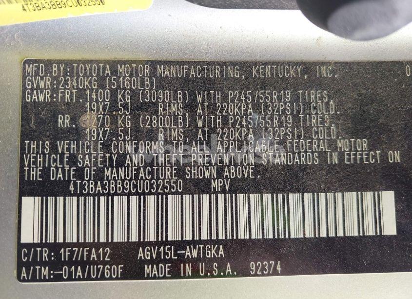 Photo 9 of 2012 Toyota Venza LE (VIN 4T3BA3BB9CU032550)