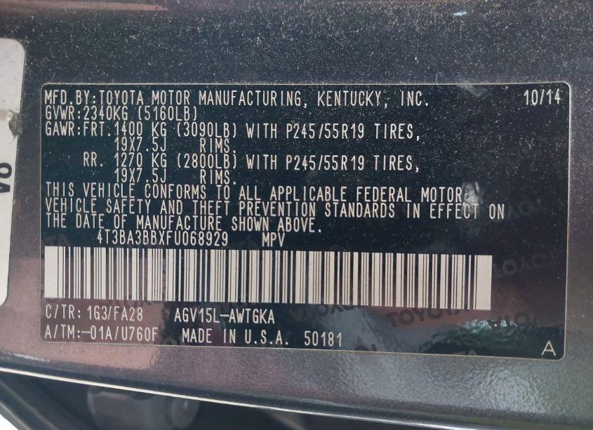 Photo 9 of 2015 Toyota Venza LE (VIN 4T3BA3BBXFU068929)