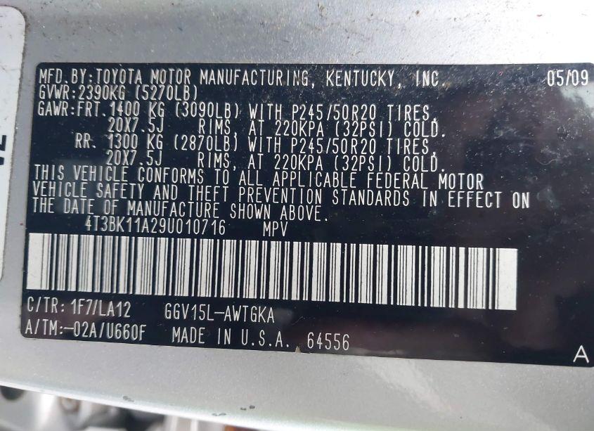 Photo 9 of 2009 Toyota Venza BASE V6 (VIN 4T3BK11A29U010716)