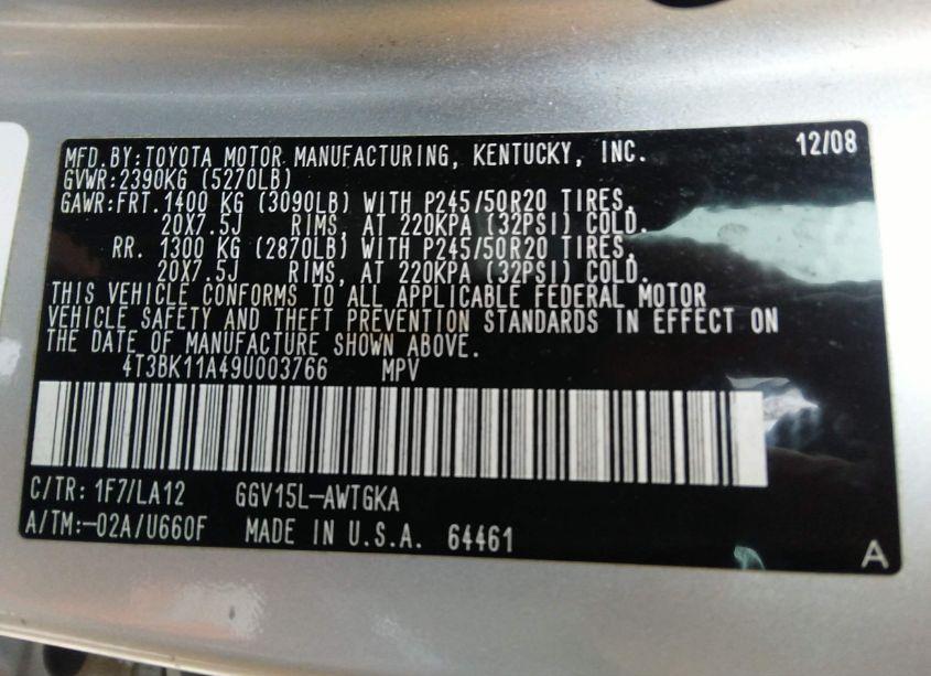 Photo 9 of 2009 Toyota Venza BASE V6 (VIN 4T3BK11A49U003766)