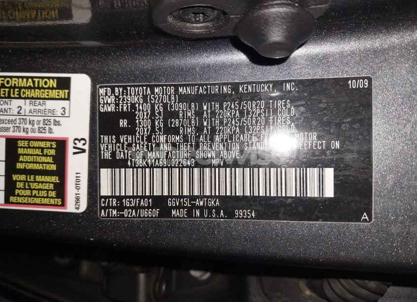 Photo 9 of 2009 Toyota Venza BASE V6 (VIN 4T3BK11A69U022643)