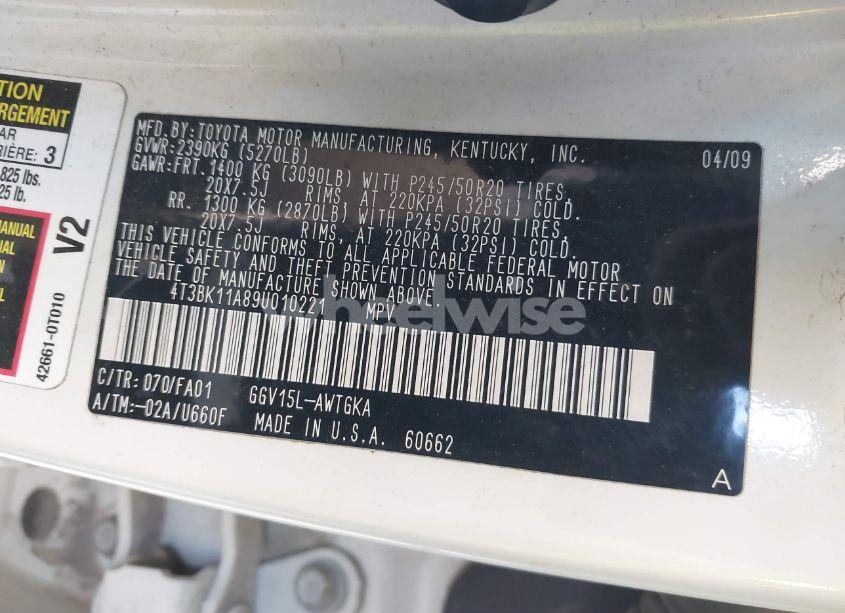 Photo 9 of 2009 Toyota Venza BASE V6 (VIN 4T3BK11A89U010221)