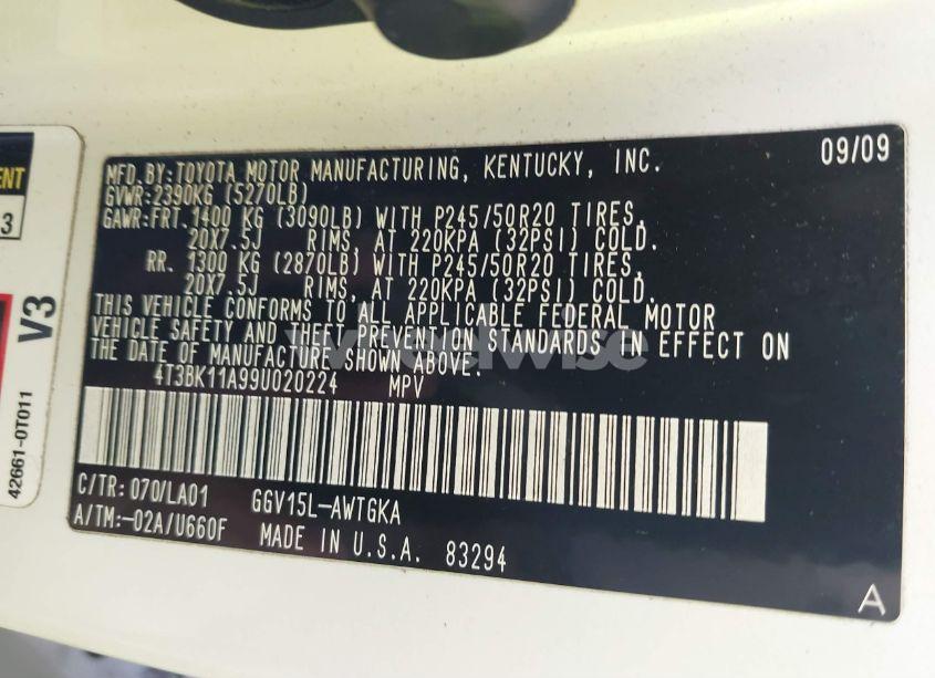 Photo 9 of 2009 Toyota Venza BASE V6 (VIN 4T3BK11A99U020224)