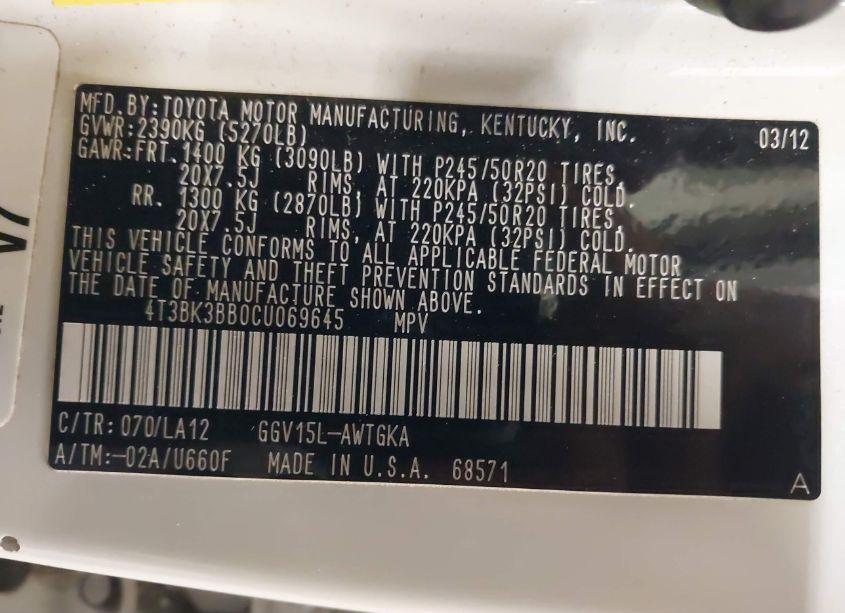 Photo 9 of 2012 Toyota Venza XLE V6 (VIN 4T3BK3BB0CU069645)