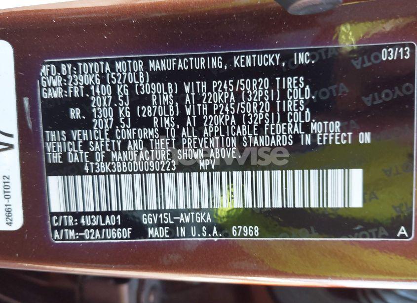 Photo 9 of 2013 Toyota Venza XLE V6 (VIN 4T3BK3BB0DU090223)