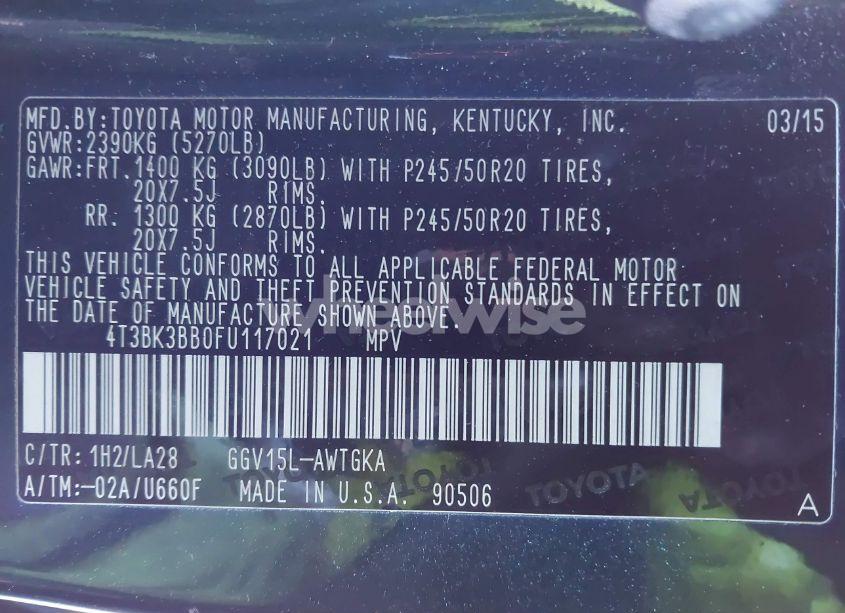 Photo 9 of 2015 Toyota Venza LE/XLE/LIMITED (VIN 4T3BK3BB0FU117021)