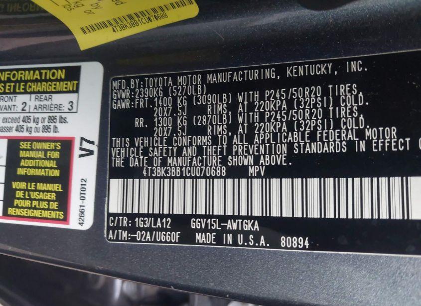 Photo 9 of 2012 Toyota Venza XLE V6 (VIN 4T3BK3BB1CU070688)