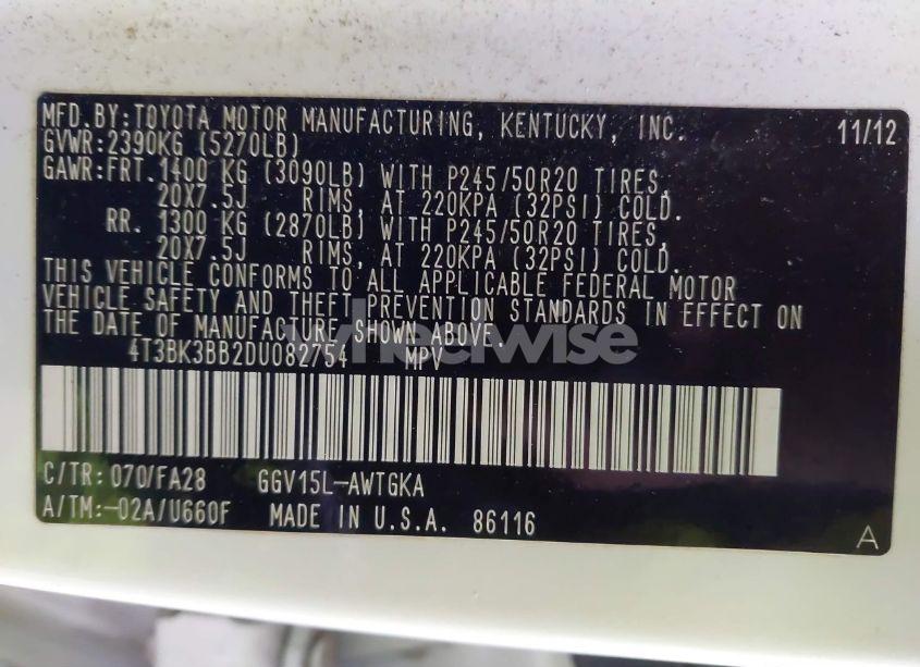 Photo 9 of 2013 Toyota Venza LE V6 (VIN 4T3BK3BB2DU082754)