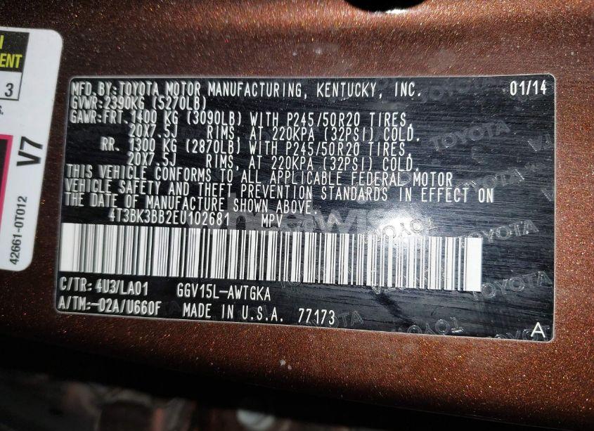 Photo 9 of 2014 Toyota Venza XLE V6 (VIN 4T3BK3BB2EU102681)