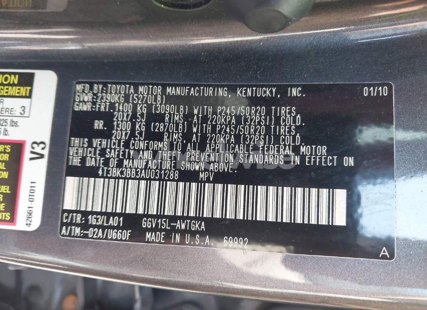 Photo 9 of 2010 Toyota Venza BASE V6 (VIN 4T3BK3BB3AU031288)