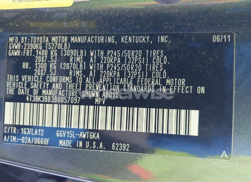 Photo 9 of 2011 Toyota Venza BASE V6 (VIN 4T3BK3BB3BU057097)