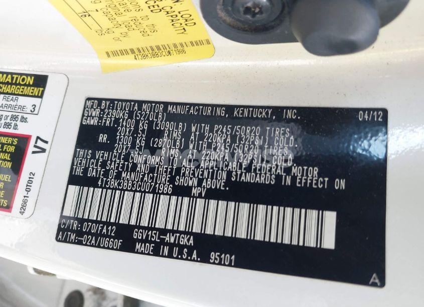 Photo 9 of 2012 Toyota Venza LE V6 (VIN 4T3BK3BB3CU071986)