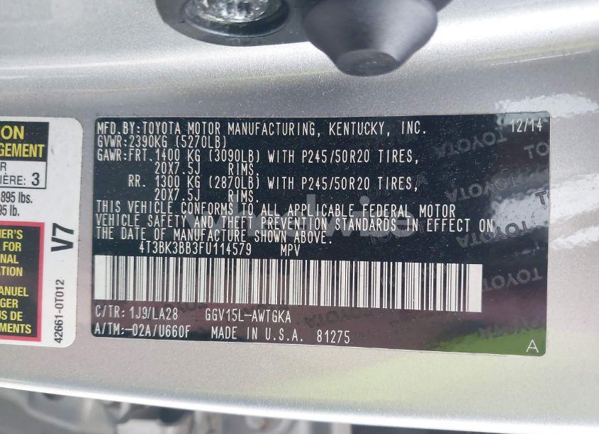 Photo 9 of 2015 Toyota Venza XLE V6 (VIN 4T3BK3BB3FU114579)