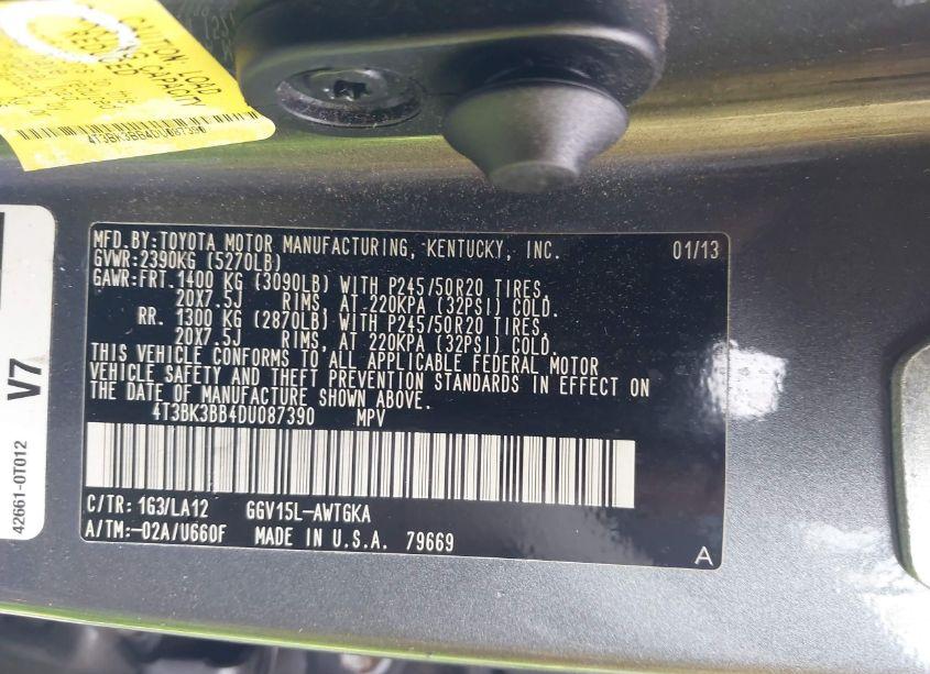 Photo 9 of 2013 Toyota Venza LIMITED V6 (VIN 4T3BK3BB4DU087390)