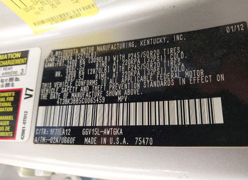 Photo 9 of 2012 Toyota Venza LIMITED V6 (VIN 4T3BK3BB5CU065459)