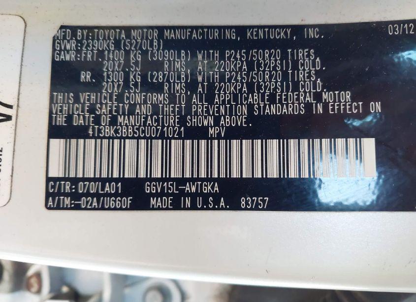 Photo 9 of 2012 Toyota Venza XLE V6 (VIN 4T3BK3BB5CU071021)