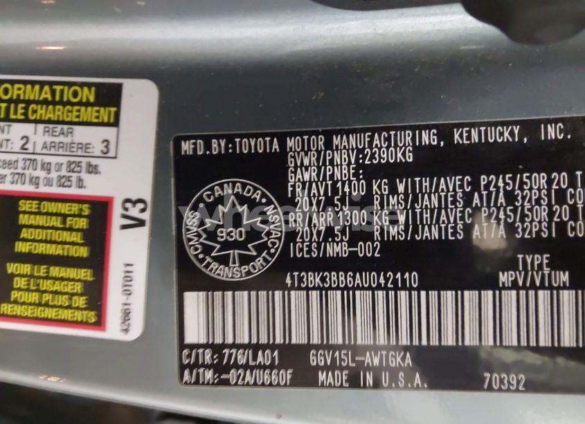 Photo 9 of 2010 Toyota Venza BASE V6 (VIN 4T3BK3BB6AU042110)