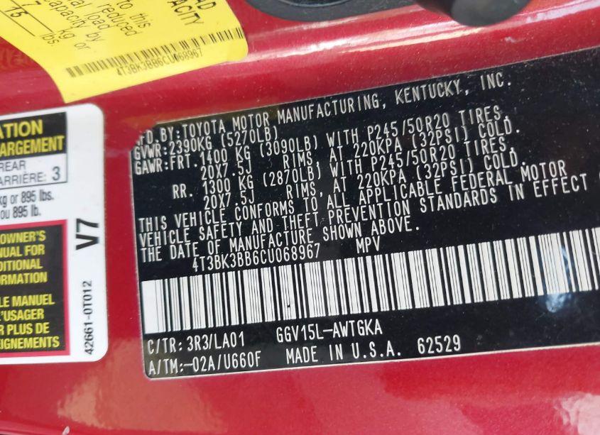 Photo 9 of 2012 Toyota Venza XLE V6 (VIN 4T3BK3BB6CU068967)