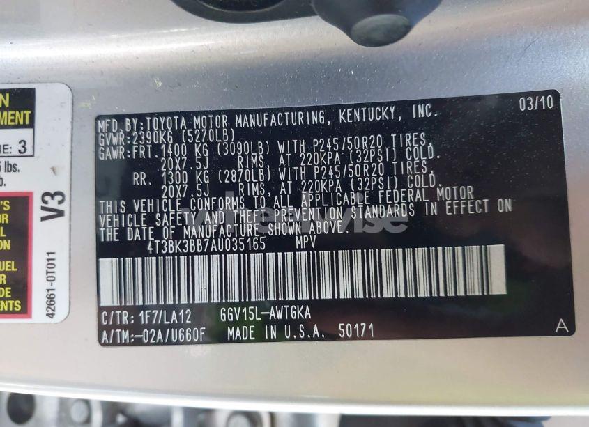 Photo 9 of 2010 Toyota Venza BASE V6 (VIN 4T3BK3BB7AU035165)