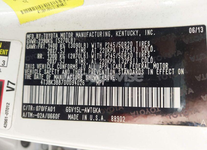 Photo 9 of 2013 Toyota Venza LE V6 (VIN 4T3BK3BB7DU094026)