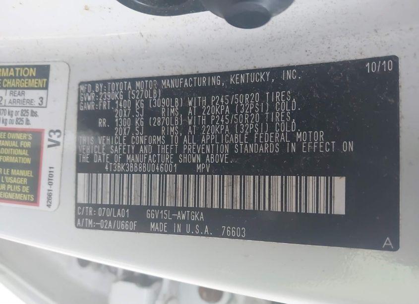 Photo 9 of 2011 Toyota Venza BASE V6 (VIN 4T3BK3BB8BU046001)
