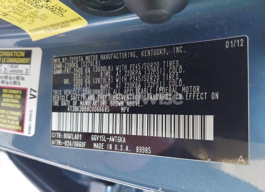 Photo 9 of 2012 Toyota Venza LIMITED V6 (VIN 4T3BK3BB8CU066685)