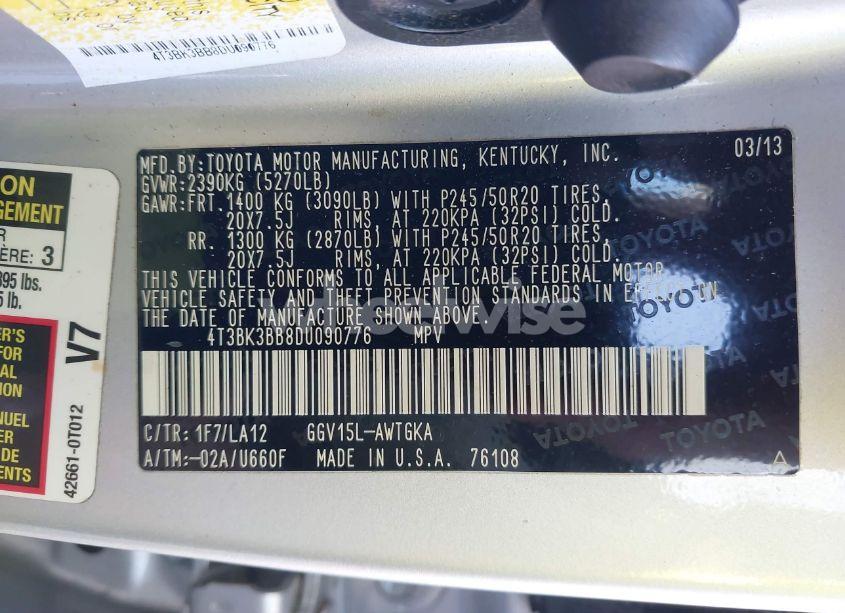 Photo 9 of 2013 Toyota Venza LIMITED V6 (VIN 4T3BK3BB8DU090776)