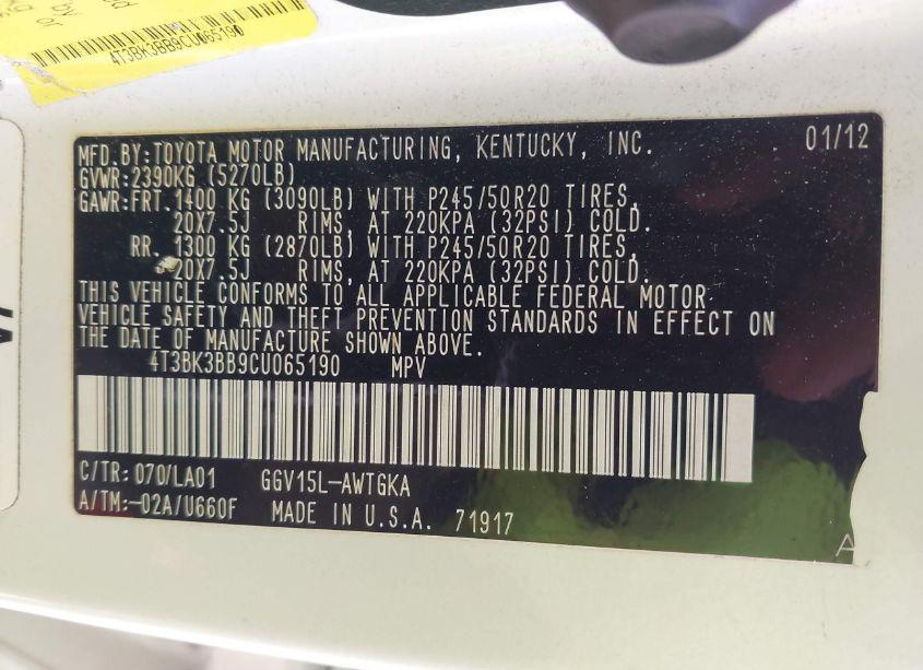 Photo 9 of 2012 Toyota Venza LIMITED V6 (VIN 4T3BK3BB9CU065190)