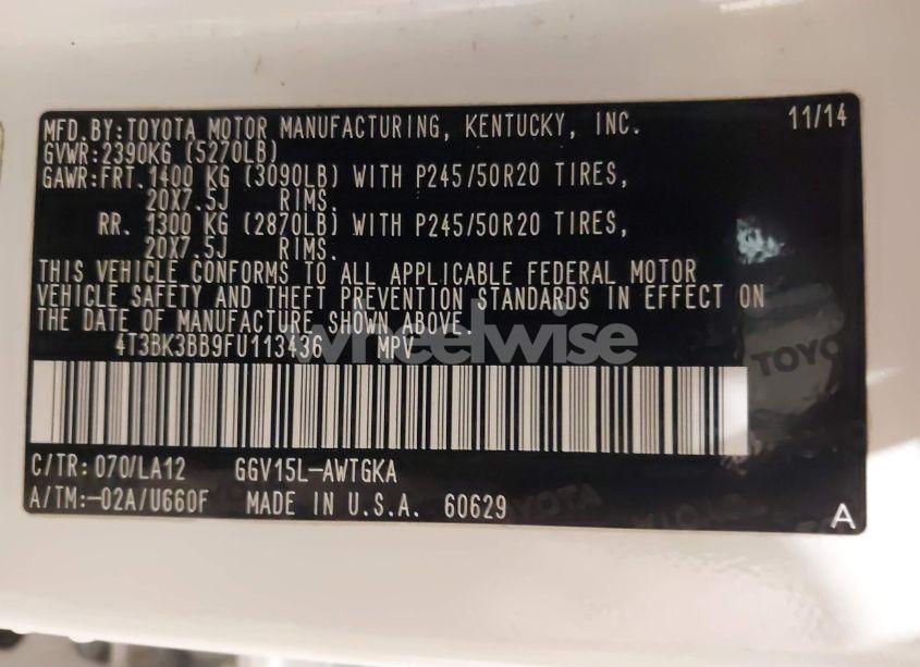 Photo 9 of 2015 Toyota Venza LE/XLE/LIMITED (VIN 4T3BK3BB9FU113436)