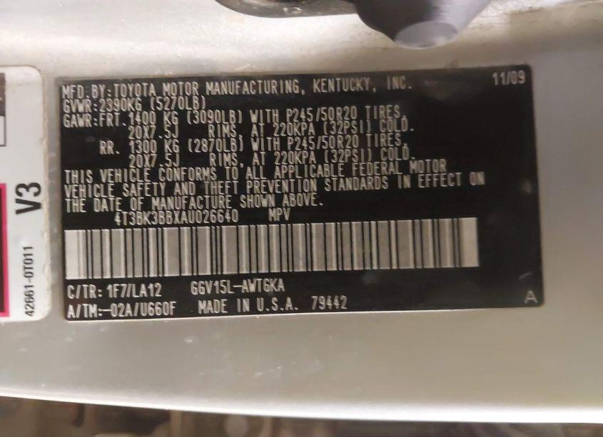 Photo 9 of 2010 Toyota Venza BASE V6 (VIN 4T3BK3BBXAU026640)