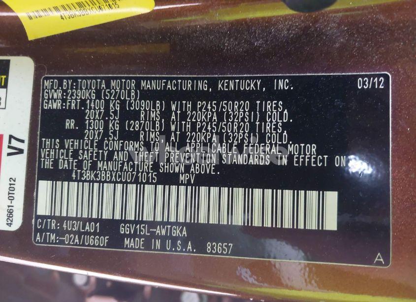 Photo 9 of 2012 Toyota Venza XLE V6 (VIN 4T3BK3BBXCU071015)