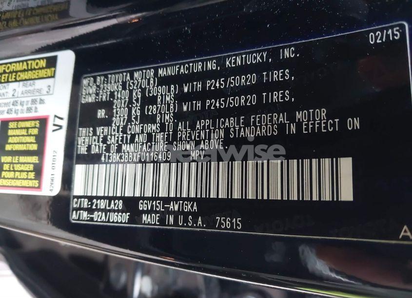 Photo 9 of 2015 Toyota Venza LIMITED V6 (VIN 4T3BK3BBXFU116409)