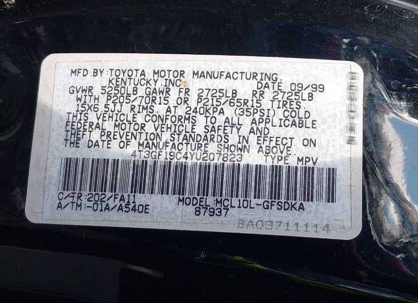 Photo 9 of 2000 Toyota Sienna CE (VIN 4T3GF19C4YU207823)