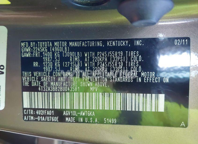 Photo 9 of 2011 Toyota Venza (VIN 4T3ZA3BB2BU043581)