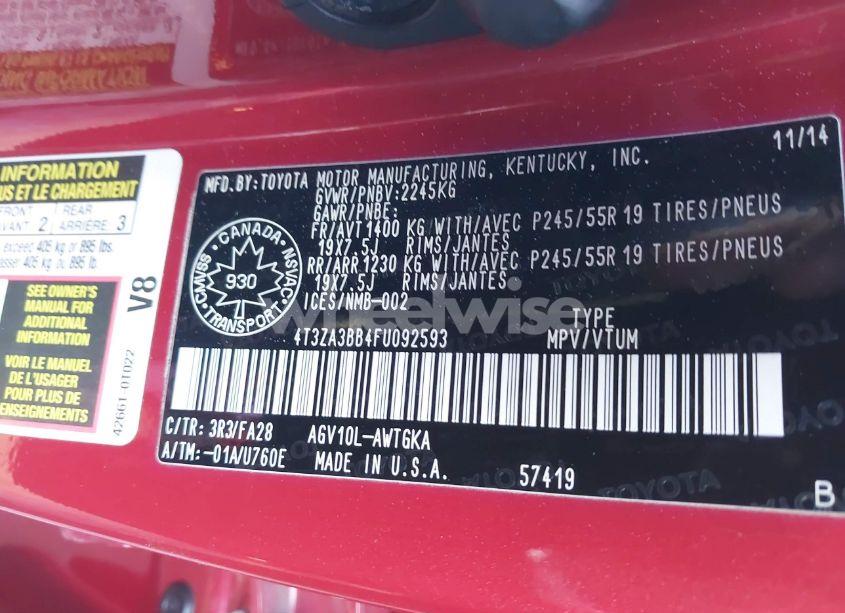 Photo 9 of 2015 Toyota Venza (VIN 4T3ZA3BB4FU092593)