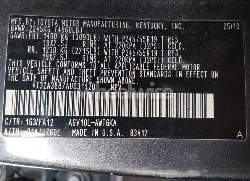 Photo 9 of 2010 Toyota Venza (VIN 4T3ZA3BB7AU031120)