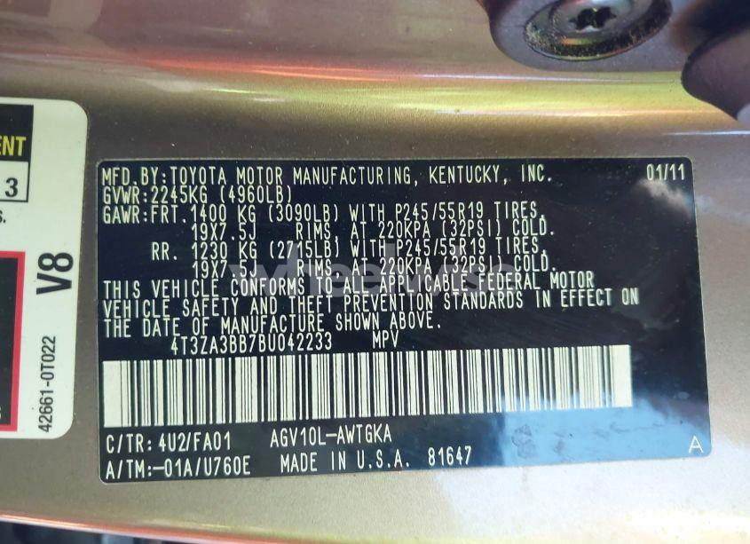 Photo 9 of 2011 Toyota Venza (VIN 4T3ZA3BB7BU042233)