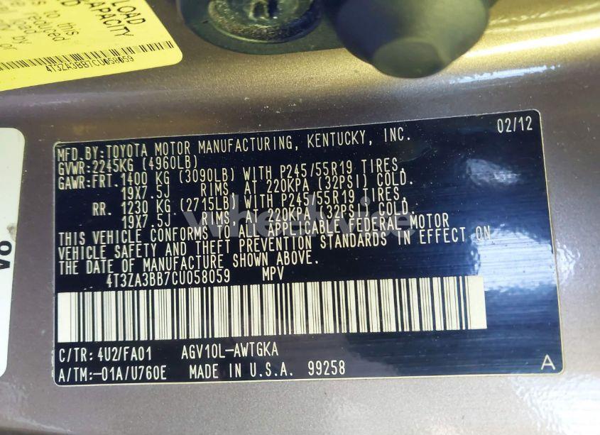 Photo 9 of 2012 Toyota Venza LE (VIN 4T3ZA3BB7CU058059)